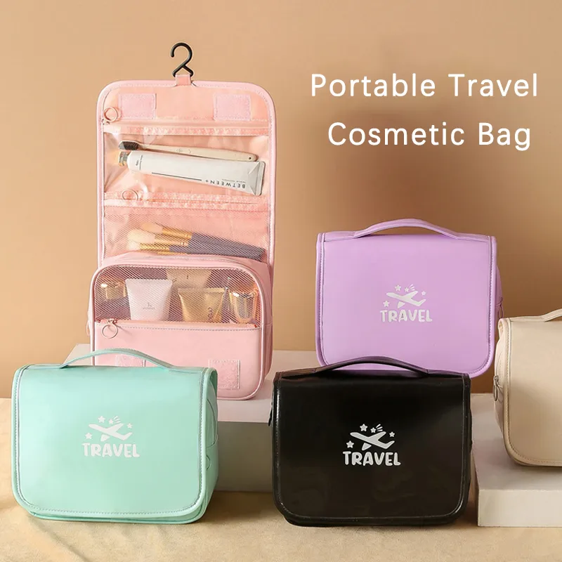 Trousse de maquillage portable de grande capacité avec crochet pour ranger les produits cosmétiques et les articles de toilette, idéale pour les voyages et les affaires._voghion.com
