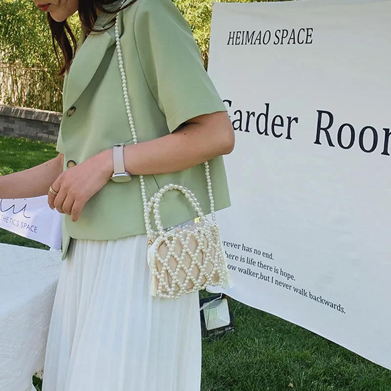 Yogodlns Mini borsa a secchiello da donna, borsa a tracolla intrecciata con perle, borsa a mano, portafoglio, borsa a tracolla da donna_voghion.com