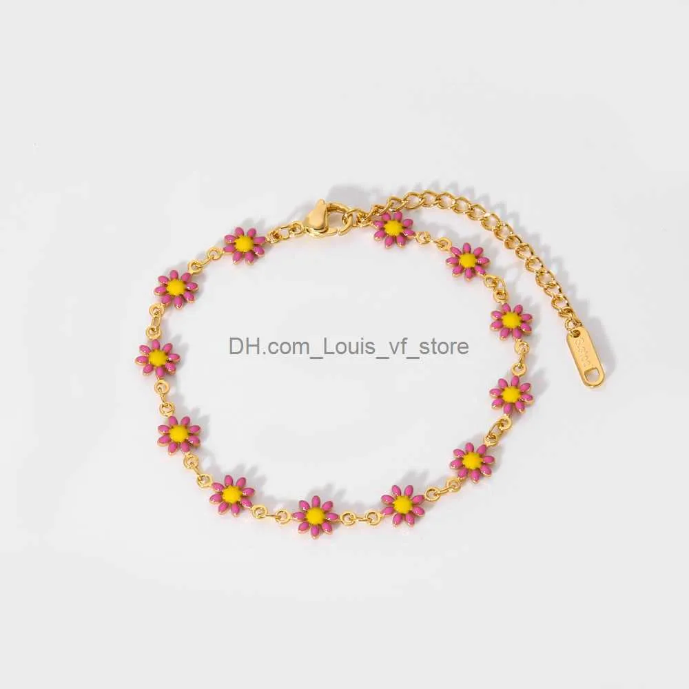 Pulsera de cadena con dijes de flores lindas y coloridas para mujer, de acero inoxidable, estilo bohemio, con pequeñas margaritas_voghion.com