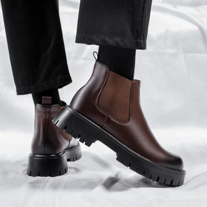 Herren-Arbeitsschuhe im britischen Stil mit dicker Unterseite, wasserdicht, lässige Mode, klassische, bequeme Lederstiefel mit hoher Spitze und runder Zehenpartie_voghion.com