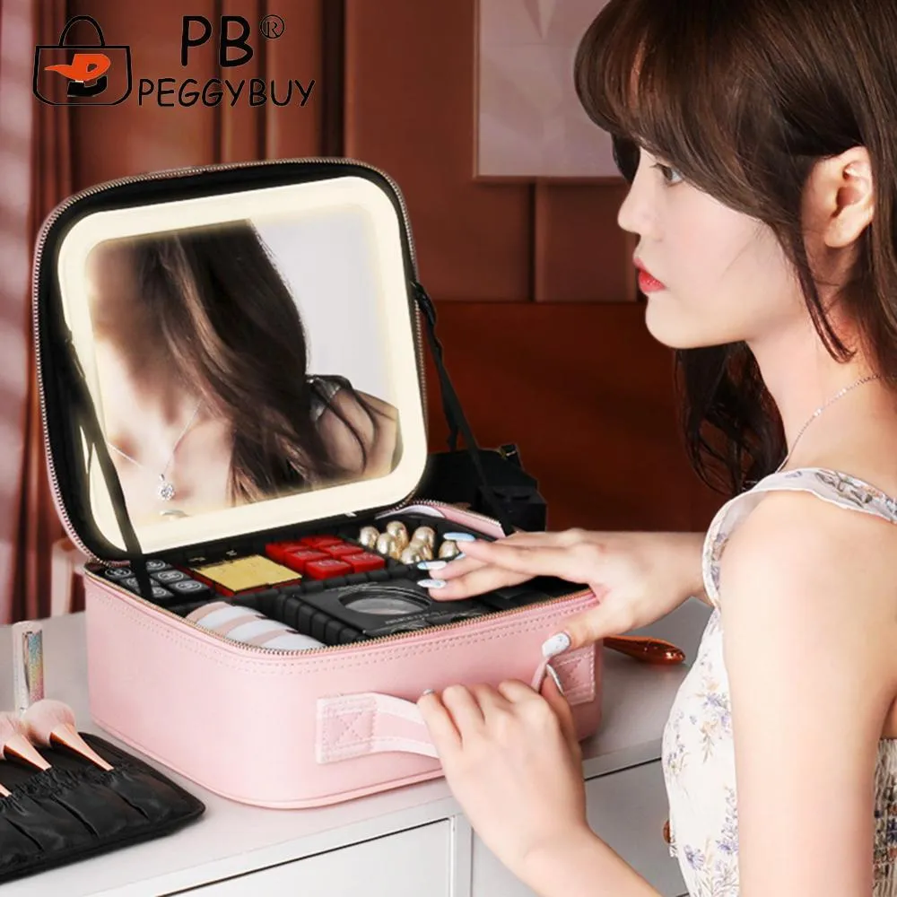 Make Up Pouch With Mirror Travel Makeup Bags Portable Large Capacity Fashi Simple PU Leather Casual For Weekend_voghion.com