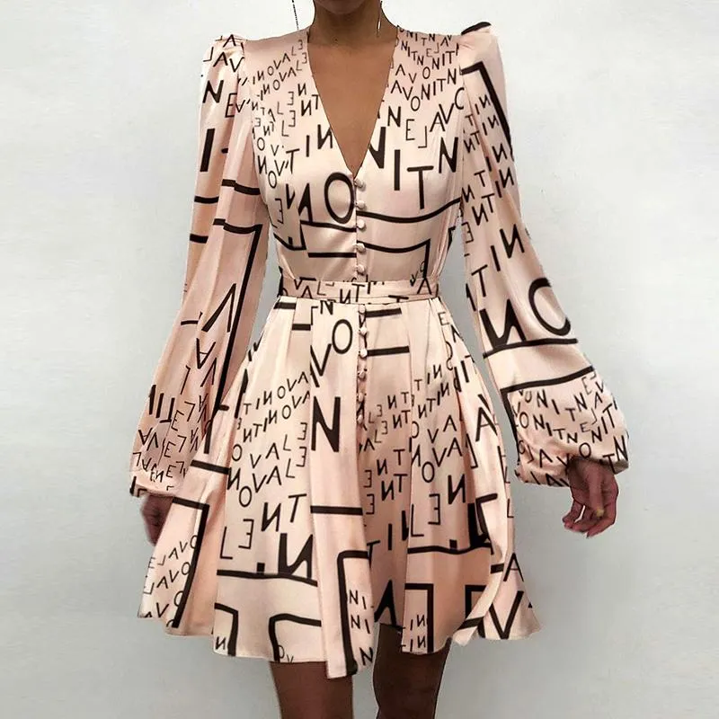 Casual Dresses Elegant Lantern Sleeve A-Line Mini Dress Office Lad Print Long Vestido Women Sex V Neck High Waist_voghion.com