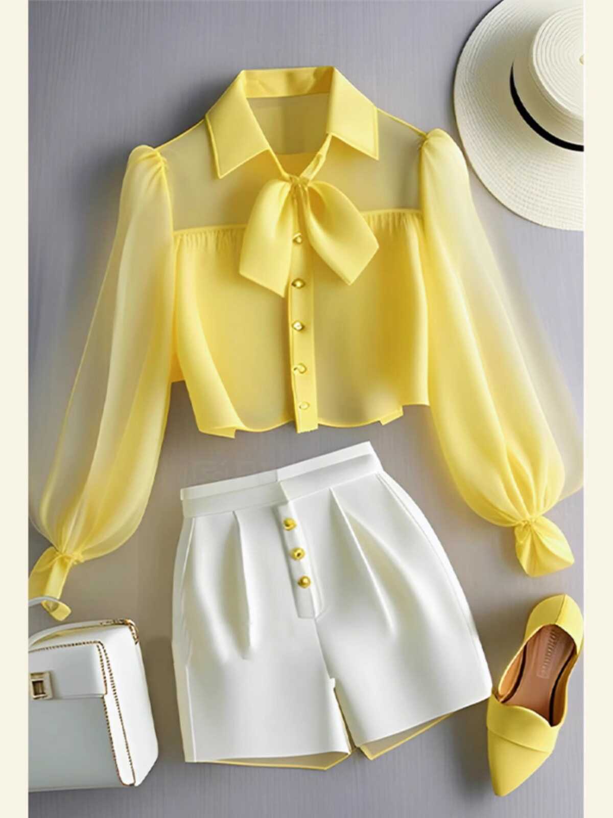 Women's Clothing spring and summer fashion and age-reducing chiffon yellow Polo collar shirt casual pants set
