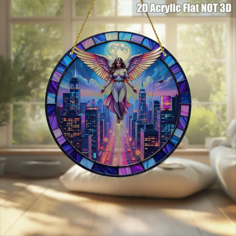 8x8in Cyberpunk Angel Suncatcher - Glowing Cityscape Acrylic Art For Modern Home & Office Decor_voghion.com