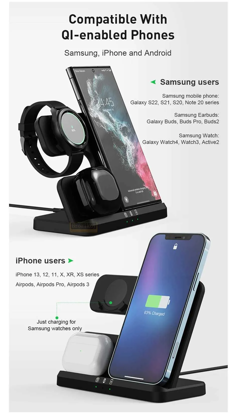 15W 3-in-1 Station Suitable For S23 S22 IPhone 15 14 13 Galaxy Watch 4 3 Earphones 2 Fast Wireless Charger Y241118_voghion.com