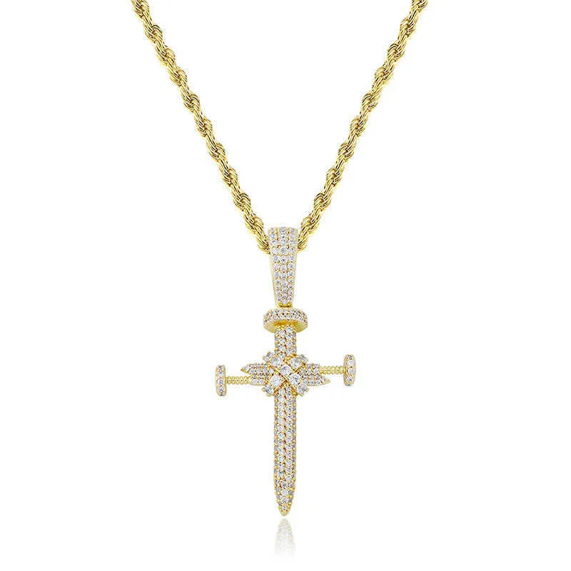Unisex Ins Full Zircon Nail Cross Pendant Necklace Hip Hop Punk Jewelry Bling Real Yellow Gold Shiny Cz Stone Cubic_voghion.com