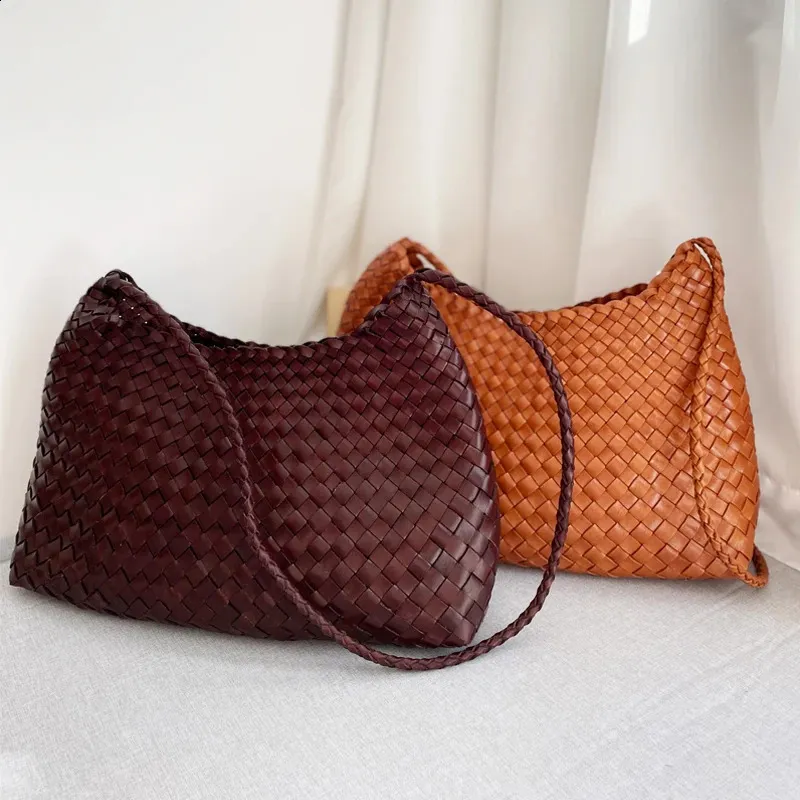 dragão trançado coque camada superior couro de vaca cesta francesa feminina artesanal vintage bolsa de ombro de couro crossbody grande capacidade_voghion.com