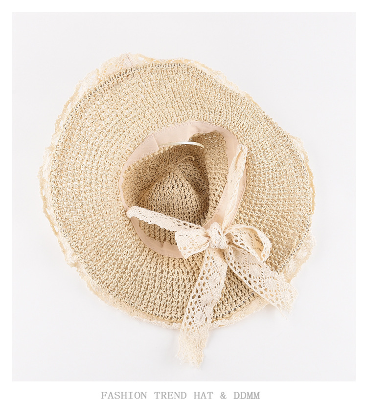 Sommerstrand-Spitzenstrohhut für Damen, frischer Sonnenschutzhut, Sonnenschirm, faltbarer Sonnenhut für Tourismus und Urlaub_voghion.com