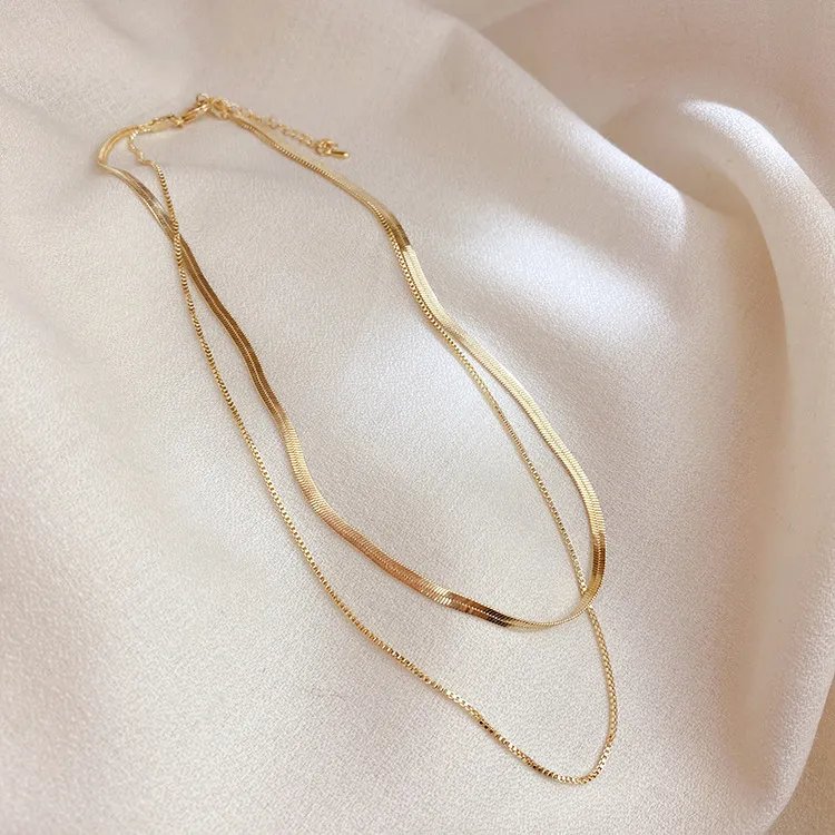 Ketten Anti-allergesch Minimalistesch Duebelschichten 14K Gold Plated Box & Herringbone Kette Choker Halskette fir Fraen Ketten_voghion.com