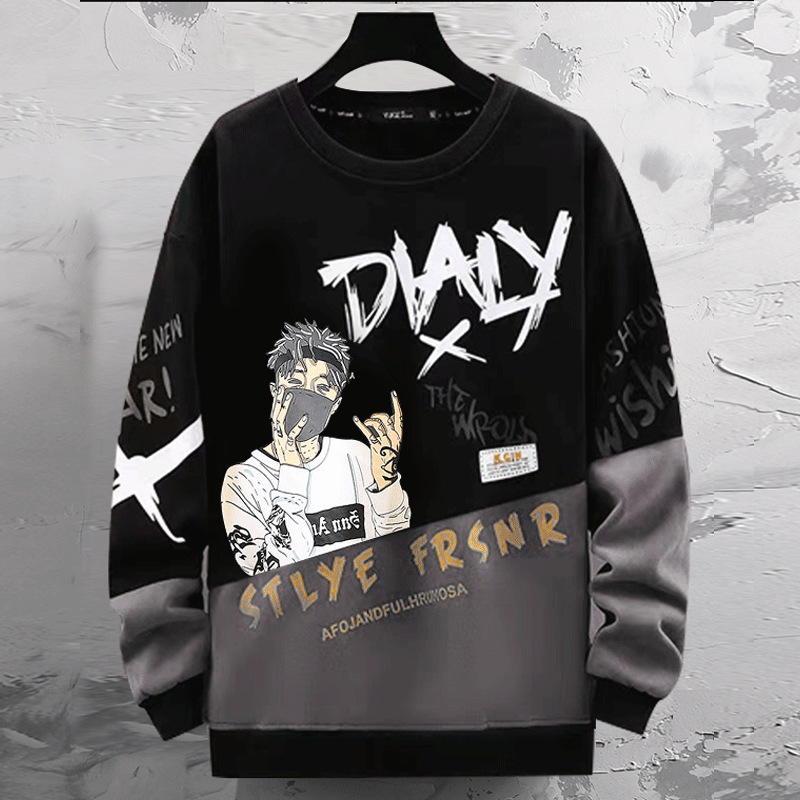 Sweat à capuche à col rond contrasté en patchwork pour hommes, marque tendance, pull décontracté à manches longues pour printemps et automne, T-shirt pour hommes_voghion.com