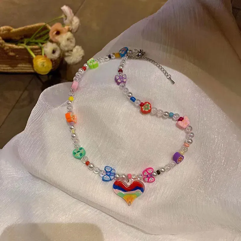 Collar con colgante de corazón y cereza mujer estilo y2k boho_voghion.com