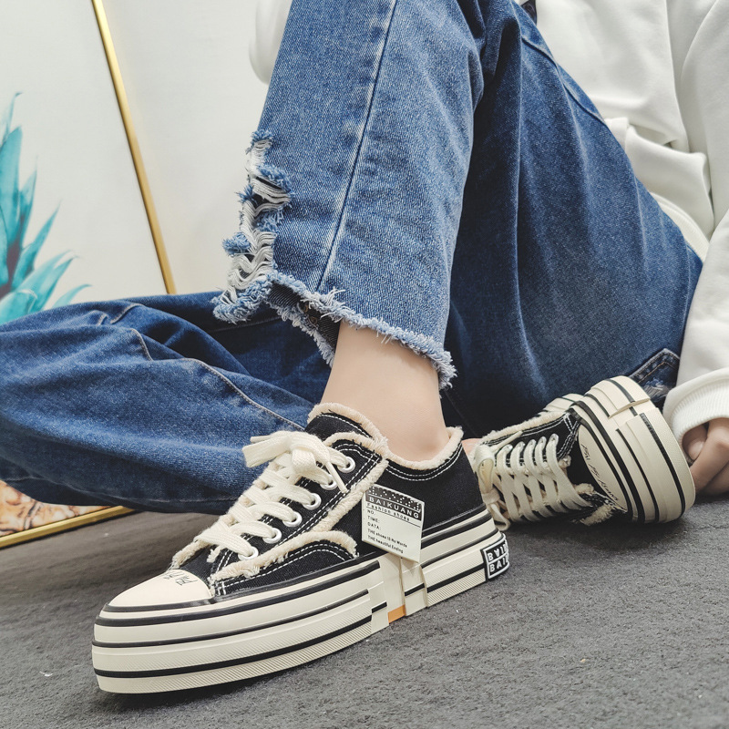 New Celebrity Same Style Beggar Vulcanized Thick Sole Increase Low Top Couple Canvas Trendy Shoes for Men and_voghion.com