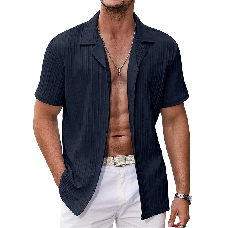 Men's Clothing Striped Casual Suit Collar Thin Summer Short-sleeved Shirt_voghion.com