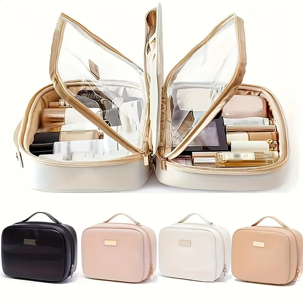 1 Stéck Rees - PU Lieder Duebelschicht Make-up Täsch Transparent Mat Reißverschluss Grouss Make-up Täsch Fir Fraen Kosmetik 241008_voghion.com