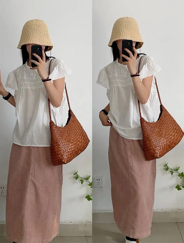 drago intrecciato panino strato superiore pelle bovina donna francese cestino fatto a mano vintage pelle borsa a tracolla tracolla grande capacità_voghion.com