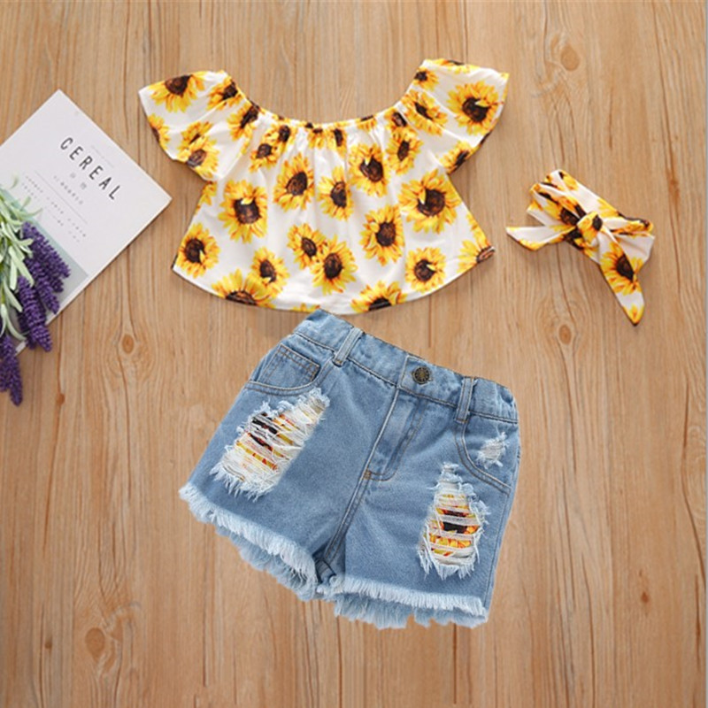Madre e Bambini Camicia estiva con stampa a spalla singola e bambina, set di pantaloncini di jeans strappati, set di tre pezzi a maniche corte tesoro femminile_voghion.com