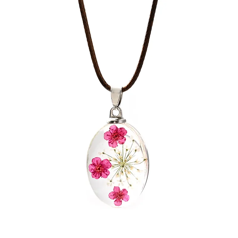 Chaînes Transparent Ovale Véritable Fleur Naturelle Séchée Verre Pendentif Chaîne En Cuir Collier Jonquilles Marguerite Blomoss Pétale_voghion.com