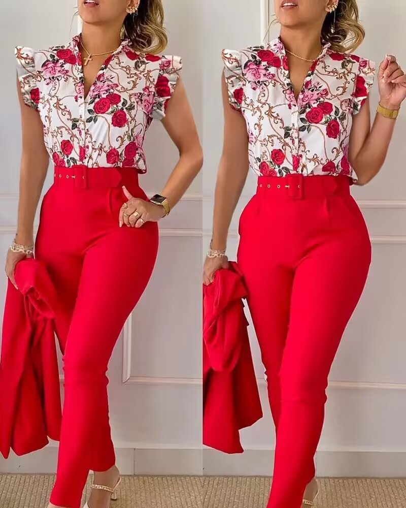 Women's Fashion Casual Lotus Leaf Sleeve Vest Two-piece Suit Women's Clothing_voghion.com