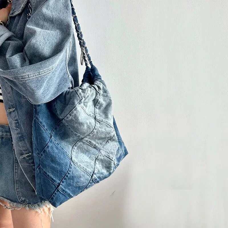 Denin – sacs fourre-tout bleus pour femmes, fourre-tout populaire tendance en treillis de diamant, épaule de grande capacité, sac sous les bras en toile d'automne 2024, nouvelle collection_voghion.com