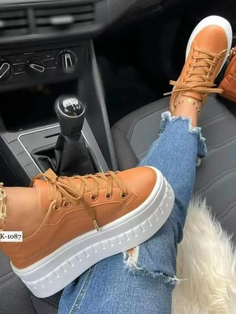 Damen Leder Plateau Mode Einfarbig Blockabsatz Sneakers Casual Flache Sport Designer Schuhe atillas Mujer_voghion.com