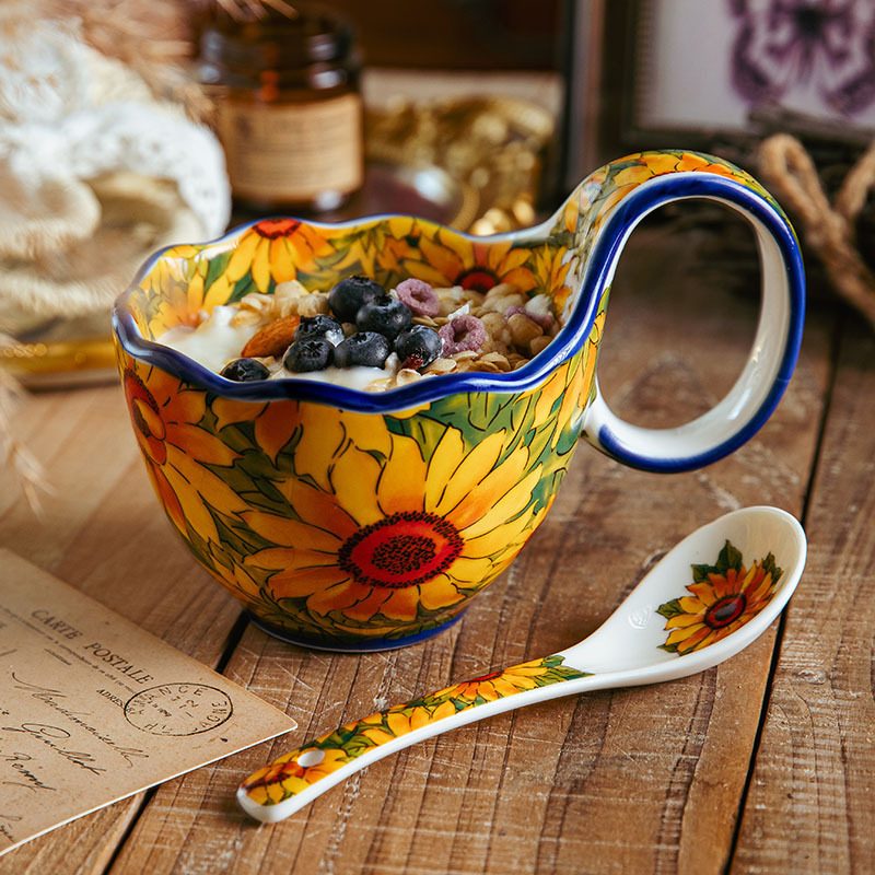 Sunflower-Themed Enamel Coffee Mug & Spoon Set – Vintage European-Style Tableware – 2-Piece Floral Cup Set – Handcrafted Ceramic-Like Finish