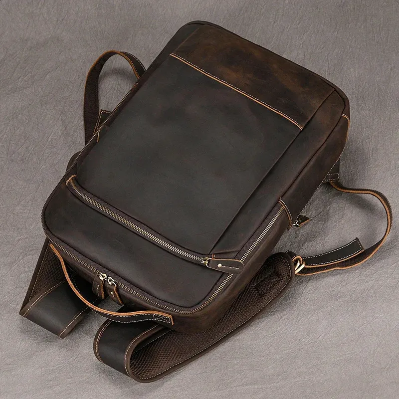 Vintage Mens Crazy Horse Leather genuine leather Retro Rucksack Large Classic Travel Backpack Big laptop computer bag_voghion.com