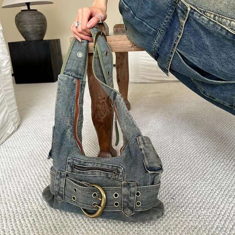 Trendy Women Vintage Denim Punk Shoulder Bag Y2k Streetwear Grunge Handbag Cool Girls Retro Gothic Casual Underarm Bags_voghion.com