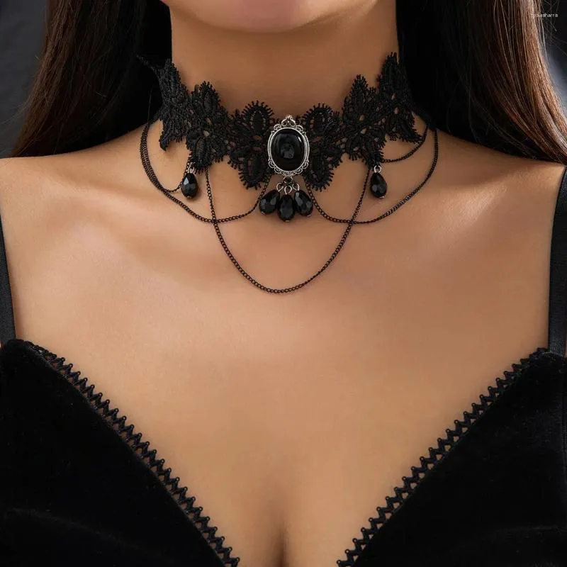 Ketten dunkler Stil Gothic Rose Blumenspitze Choker Halskette für Frauen Schwarz Acryl Tropfen Anhänger Quaste Kragen Lolita_voghion.com
