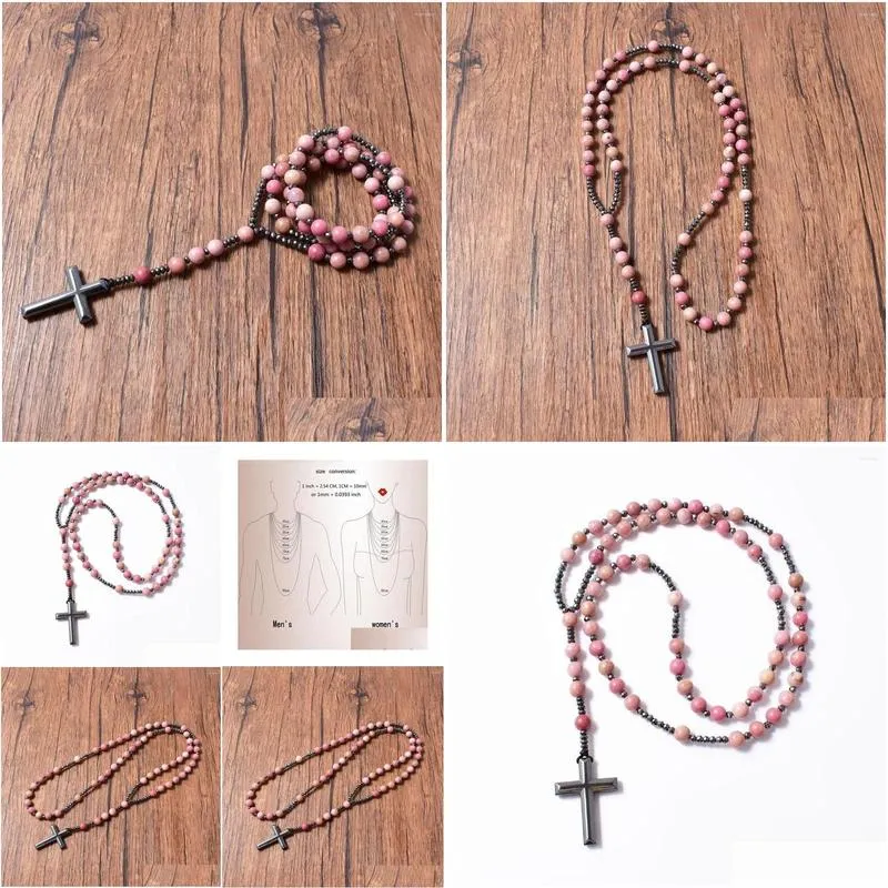 Rhodonite And Hematite Rosary Pendant Necklace For Men And Women_voghion.com
