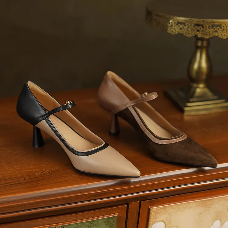 Primavera 2023 Scarpe con tacco a spillo, punta affilata, tacco sottile, in pelle scamosciata di pecora, da donna, con fibbia, fatte a mano, Bca9 S_voghion.com