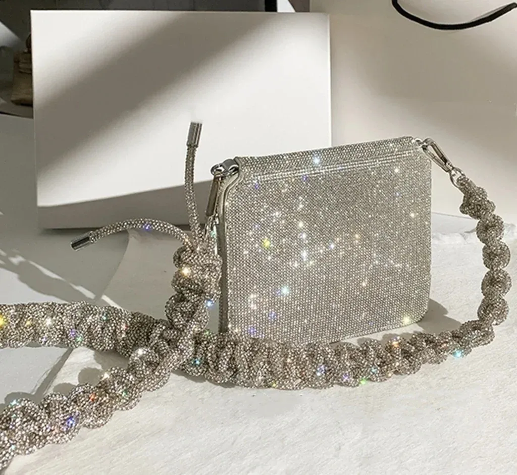 Dicke Rhie-Kristallkettentasche für Damentaschen, handgefertigt, mit gewebtem Dia, Handtaschen mit Schultergurt, Zubehör 240725_voghion.com