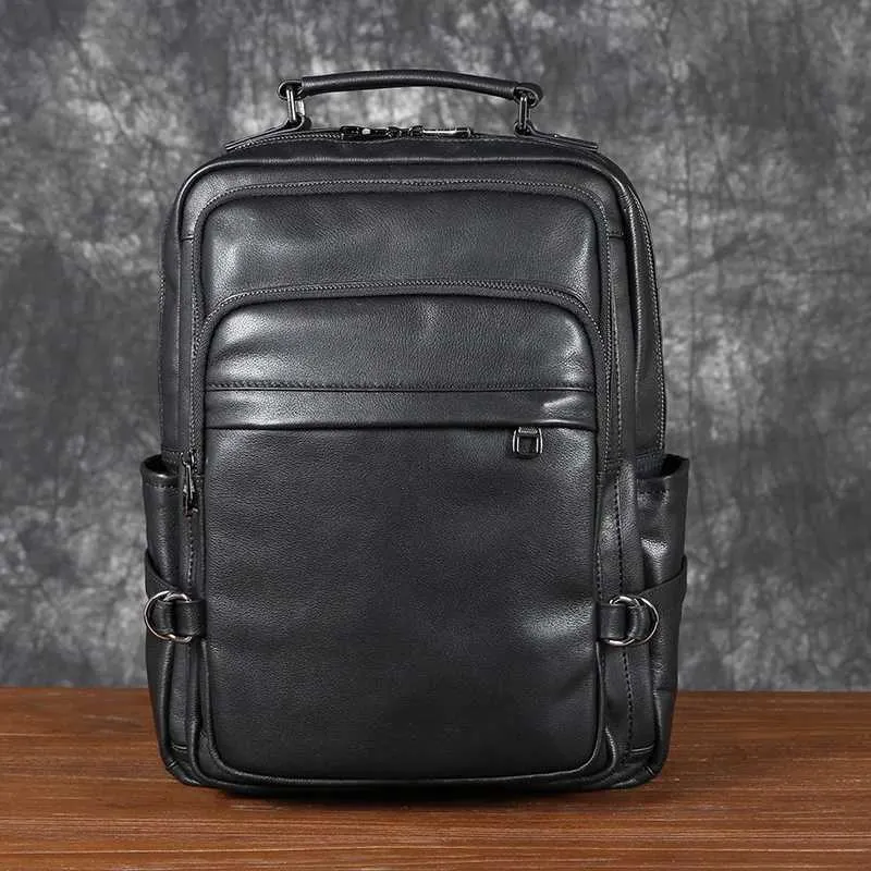 Leather Double Shoulder Baotou Layer Cowhide Backpack Mens Business Computer Bag New Leisure All-Match Travel_voghion.com