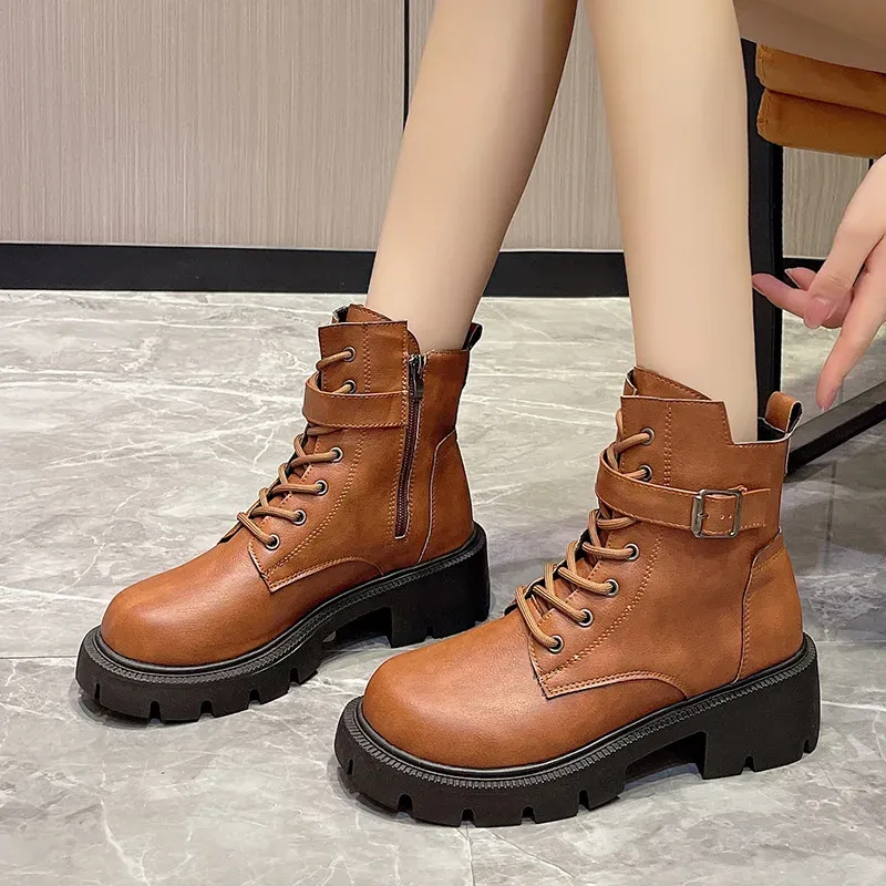 Botas cortas estilo británico para mujer, nuevas, de otoño/invierno, con cordones y cremallera, estilo motociclista, estilo retro, talla 43_voghion.com