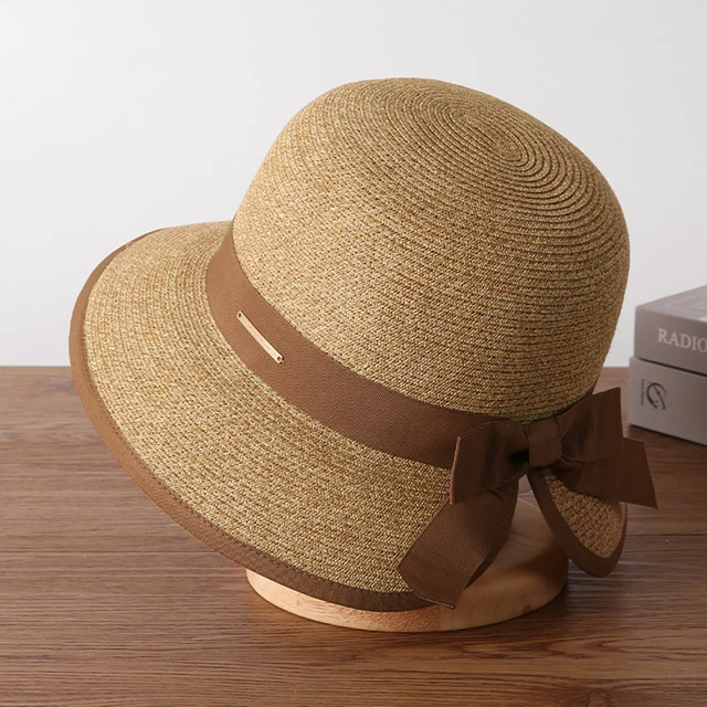 Hot Sale Dames Zomer Koreaanse Editie Grote rand voor Buitenreizen, Vakantie, Zonnebrandcrème, Zonnescherm Sraw Ha, Bow Fold Strand_voghion.com