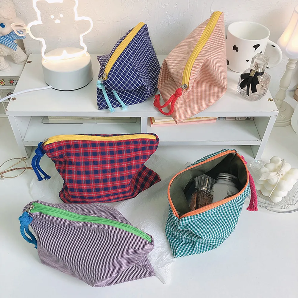 Mode Frauen Plaid Druck Kleine Kosmetik Baumwolle Stoff Make-Up Lagerung Taschen Japan Stil Zipper Kulturbeutel Waschen_voghion.com
