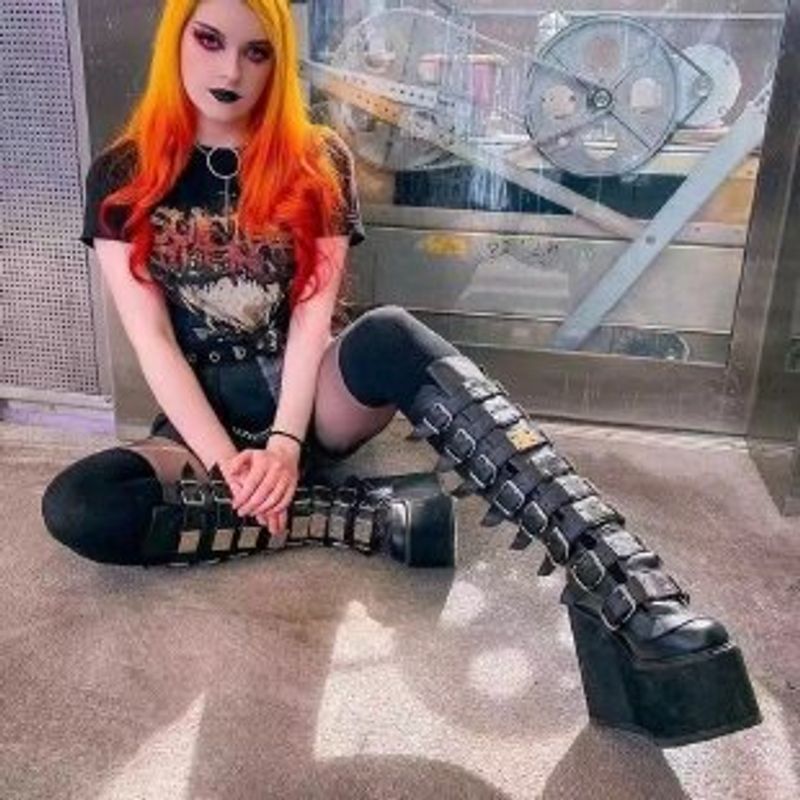 Demonia Buckle Thick Sole 2023 New Gothic Slope Heel High Barrel Women's Punk Style Spicy Girl Knight Boots_voghion.com
