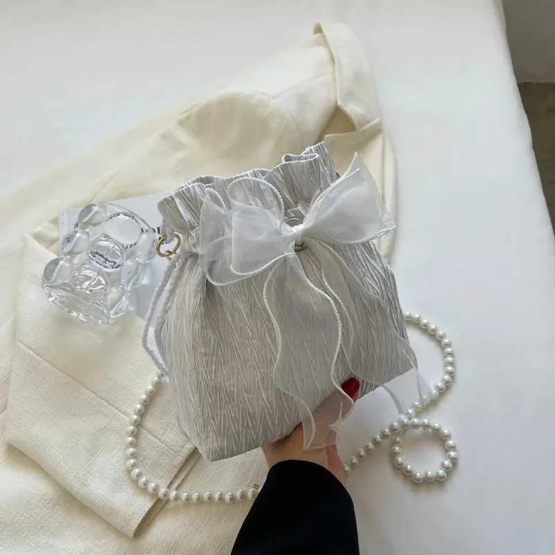 Spitze Schleife Satin Eimer Frauen Mode süße Perle Kette Schulter Umhängetasche Kordelzug Handtasche Party Kupplung_voghion.com
