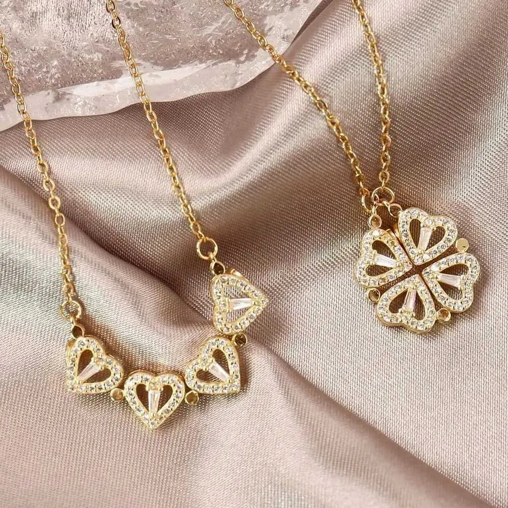 Collane in acciaio inossidabile 316L con ciondolo magnetico a forma di cuore a forma di trifoglio per donna, collana aperta con cristalli_voghion.com