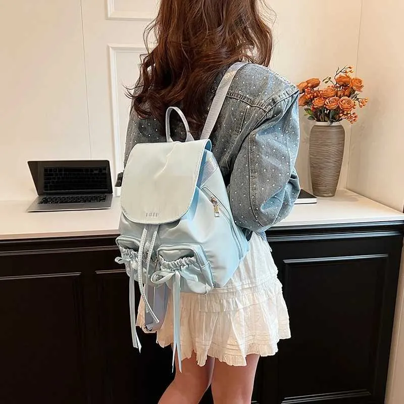 Bogen Design Frauen Kleine Nylon Rucksäcke 2024 Frühling Y2K Koreanische Mode Einfarbig Rucksack Dame Reise_voghion.com