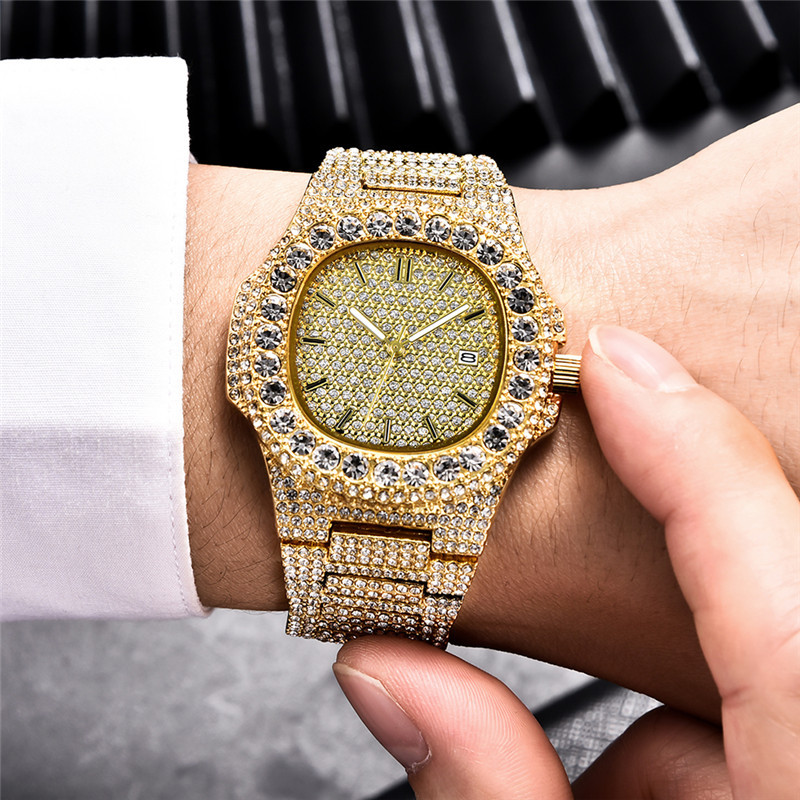 Men's Hip Hop Style Full Diamond Watch With Calendar - Quartz Movement, Square Dial, Stainless Steel Clasp, Fashionable Design For Trendy Men_voghion.com