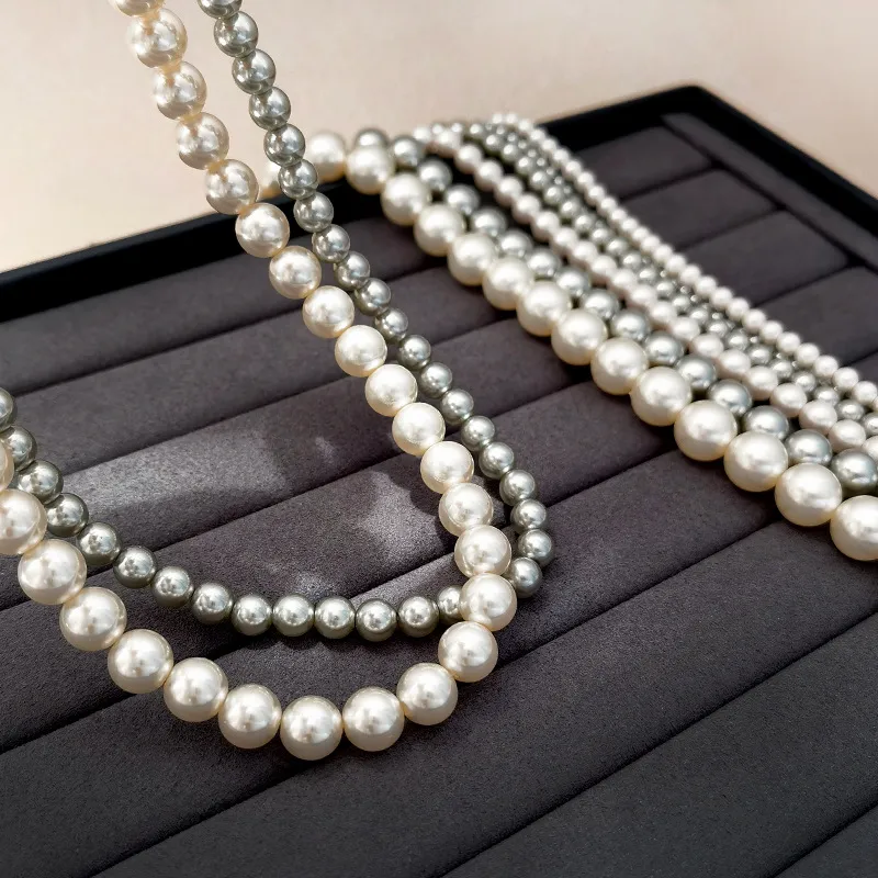 Collier de perles simulées en verre pour femme et fille, bijoux modernes, élégant, tempérament, perles de couleur grise et blanche brillantes_voghion.com