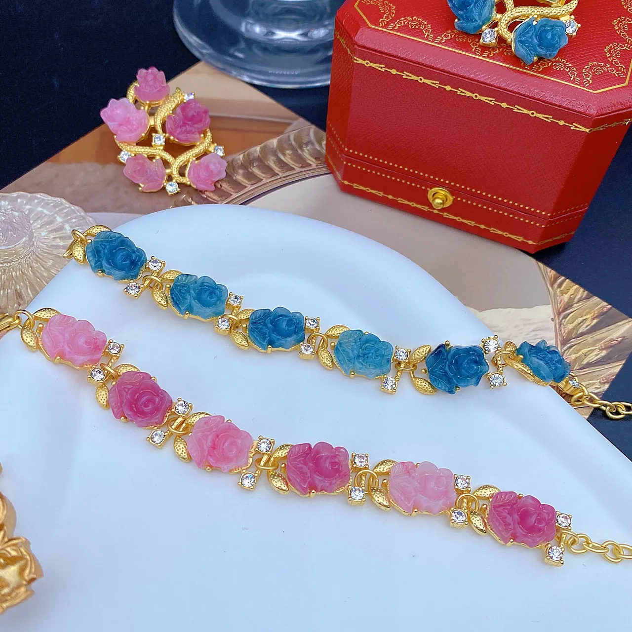 Collier en verre clair dégradé de fleurs de cerisier roses, boucles d'oreilles roses, broche, corsage, bijoux de style européen et américain_voghion.com