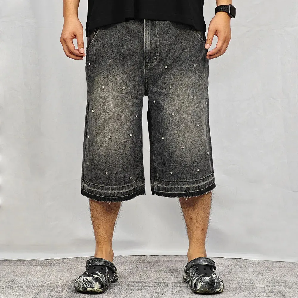 PEERAGE Y2k Retro Rhie Washed Wide Leg Baggy Long Jorts Vyriški Gatvės stiliaus Oversized Frayed Black Grey Loose Denim Jeans_voghion.com