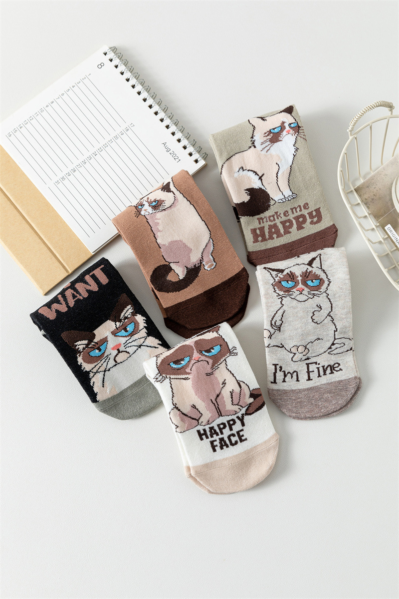 5pcs Of Spring And Summer Cartoon Women's Tube Boat Casual Japanese Style Short Cute Letter Cat Straight Socks_voghion.com