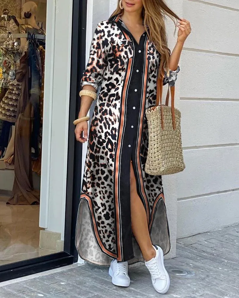 Plus Size Moudegt Hemdstil Knäppkleed Damen Casual Laang Stroossekleeder Loose Home Maxi Fraen_voghion.com