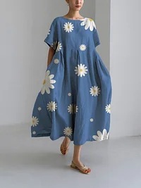 Women's clothing loose round neck fashion high-end short-sleeved printed dress_voghion.com