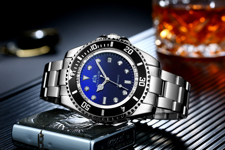 Vollautomatische mechanische Herrenuhr mit Leuchtzeigern, massivem Edelstahlarmband, blauem, rotem und grünem Zifferblatt. AUTOMATIKUHR_voghion.com