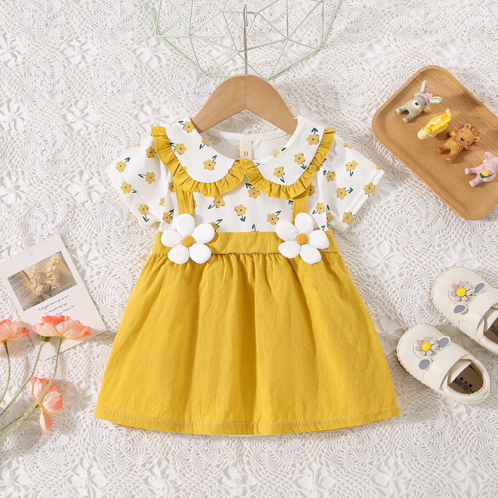 Robe d'été pour petite fille avec bord à volants et col de poupée, robe imprimée à fleurs, vêtements mignons pour enfants_voghion.com