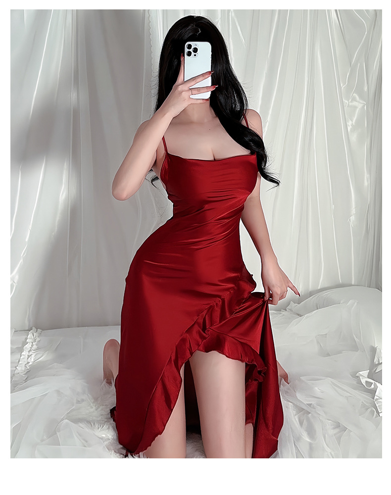 Roupas femininas net estilo vermelho novo suspender camisola sexy encantador folha de lótus bainha inferior dividir pijamas roupas para casa_voghion.com