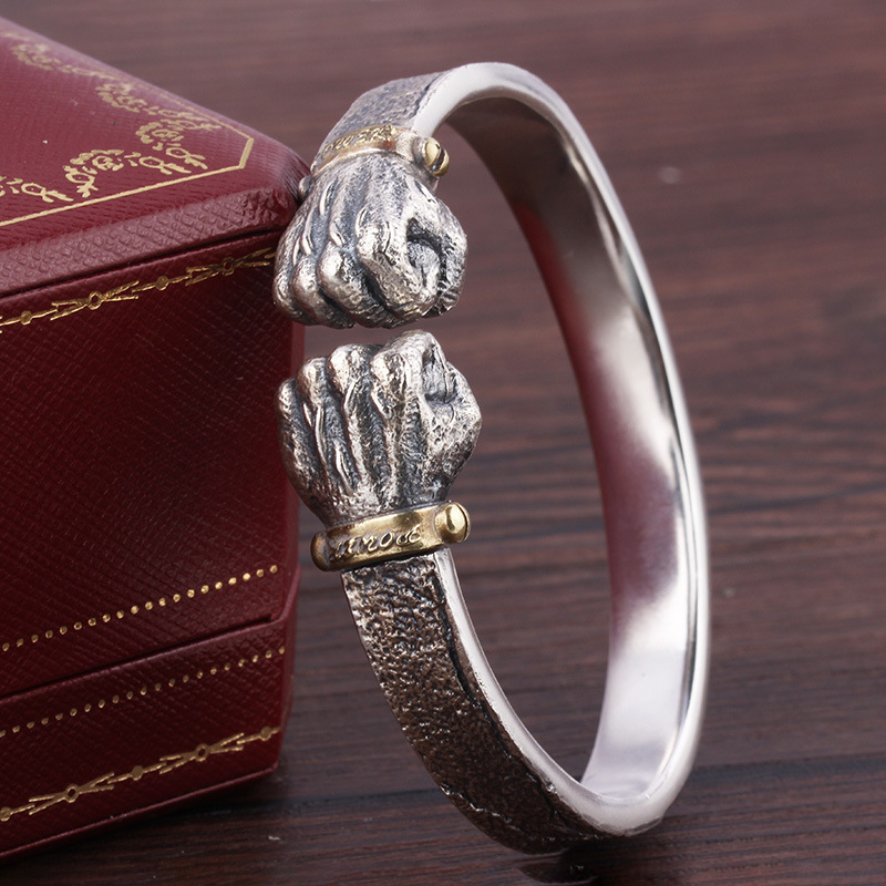 Braccialetto potente in argento Hot Selg, personalità maschile, pugno aperto solido, braccialetto con pugno di potenza_voghion.com